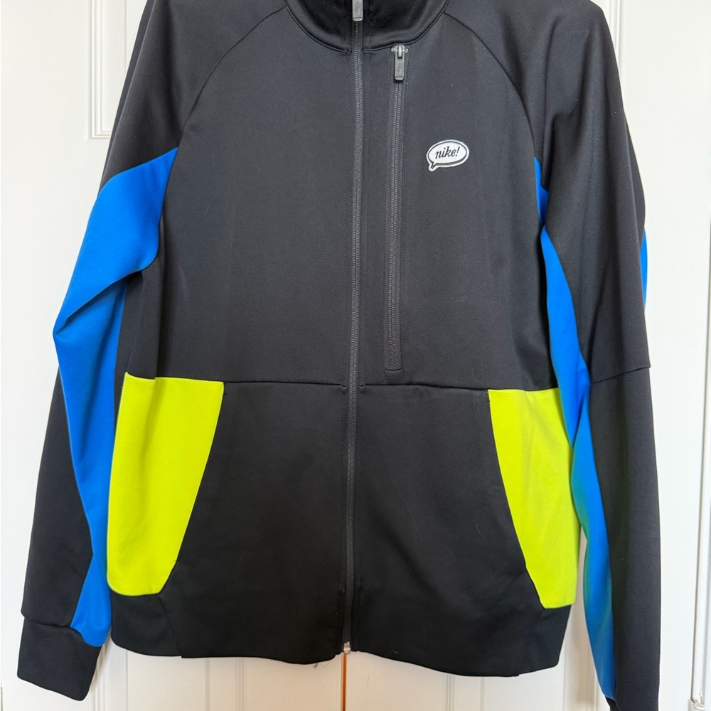 Nike Men's Black Windbreaker with Blue and Yellow Highlights